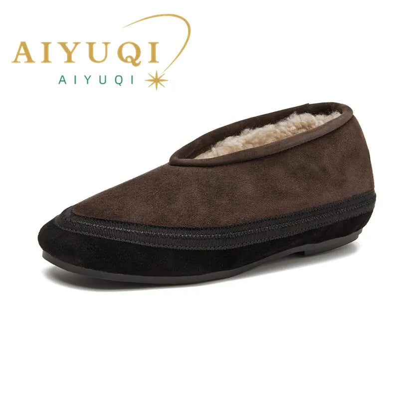 Braune Damen-Ballerinas mit Wollfutter, flachem Slip-on und schwarzem Randband
