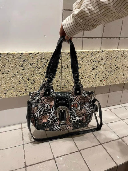 Damen-Handtasche aus PU Leder Leopardenmuster Top-Handle Tragegriff Mit Innenfächern und Reißverschlussfach