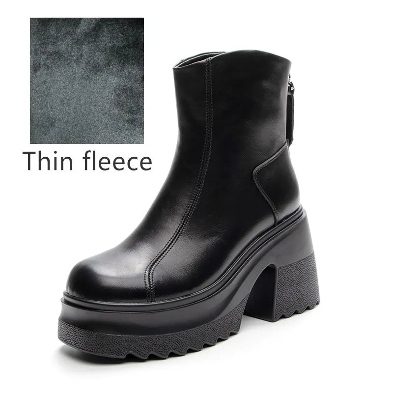 Damen-Stiefelette aus Leder mit dünnem Fleece, schwarz, 10-cm Blockabsatz, Plattformsohle