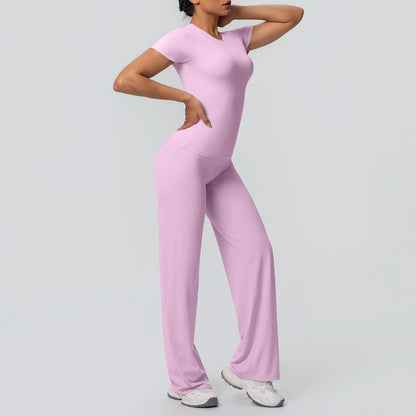 Damen-Yoga-Set in Hellrosa: Kurzarm-Top und lange Laufhose