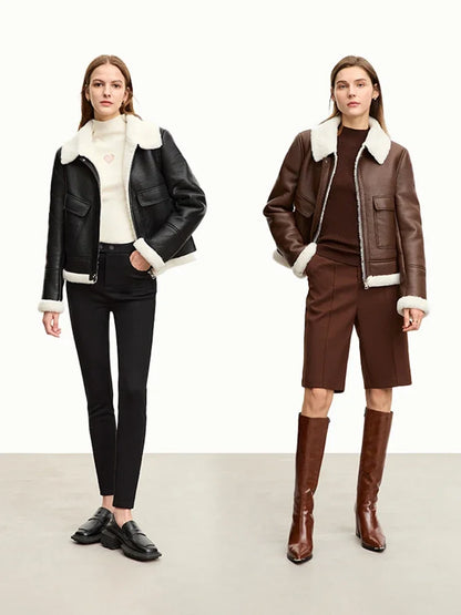 Damen Winterjacke aus PU mit Taschen im französischen Vintage-Stil