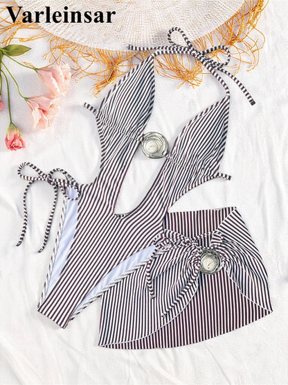 Damen Badeanzug Rock gestreift tiefer V-Ausschnitt Neckholder Monokini