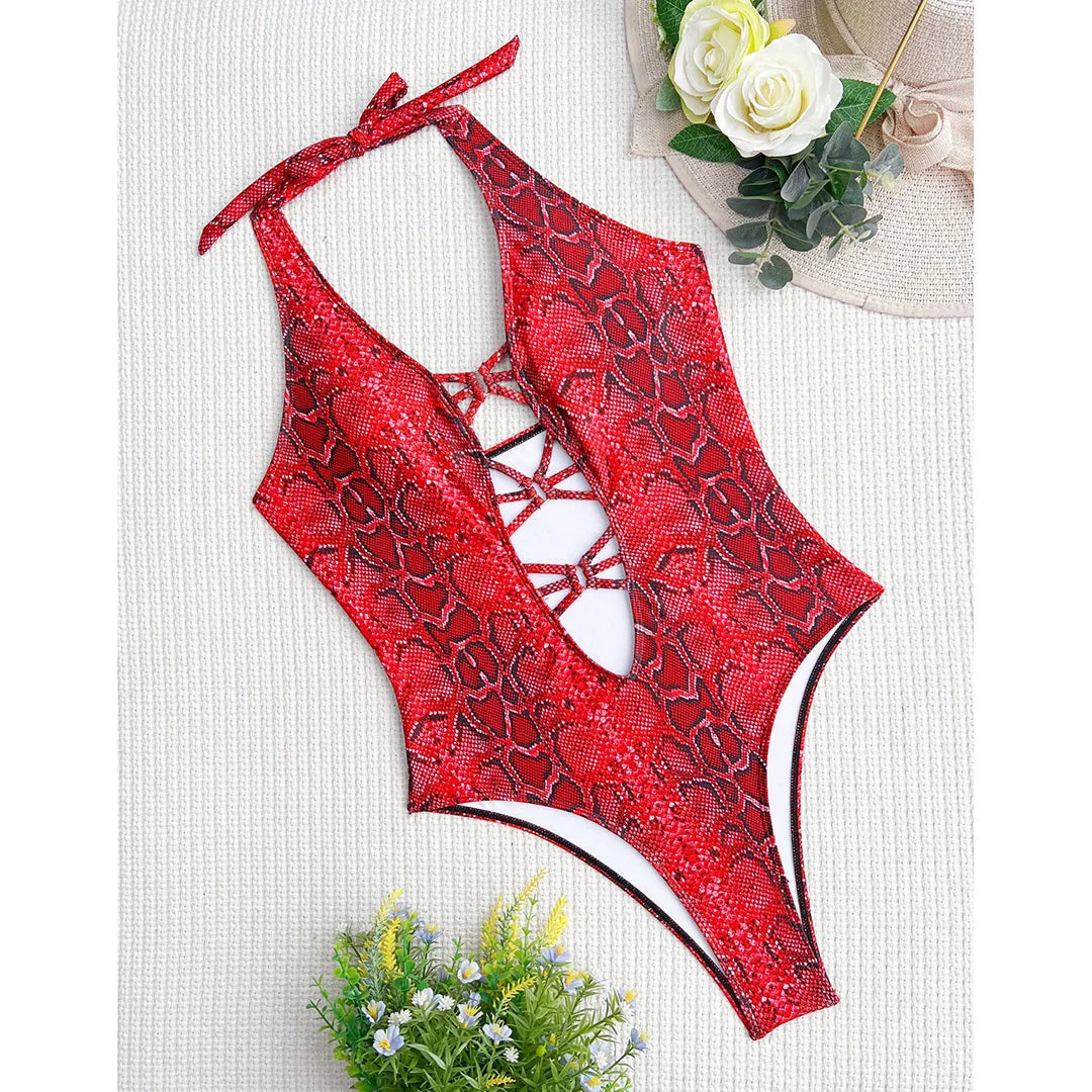 Damen Badeanzug Schlangenhaut Neckholder Bauch-Cut-Out Monokini Einteiler
