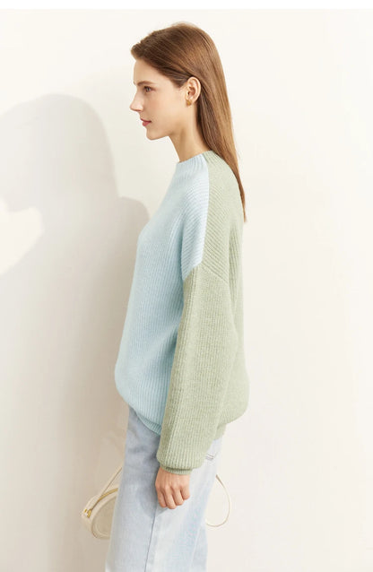 AMII Pullover Damen, Rundhals, pastellblau mit hellgrünem Seitenblock, Strick