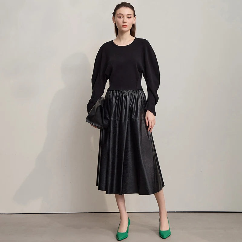 Damenpullover mit O-Ausschnitt, langem Ärmel, einfarbigem Schwarz und unterem Rocksaum-Look