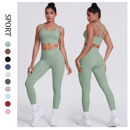 Fitness-Set Hellgrün: Sport-BH mit gekreuzten Trägern, High-Waist-Leggings, gepolstert