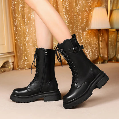 AIYUQI Women Boots Large Size Genuine Leather Thick Wool Warm Winter Biker Boots Women British Style Women Snow Boots