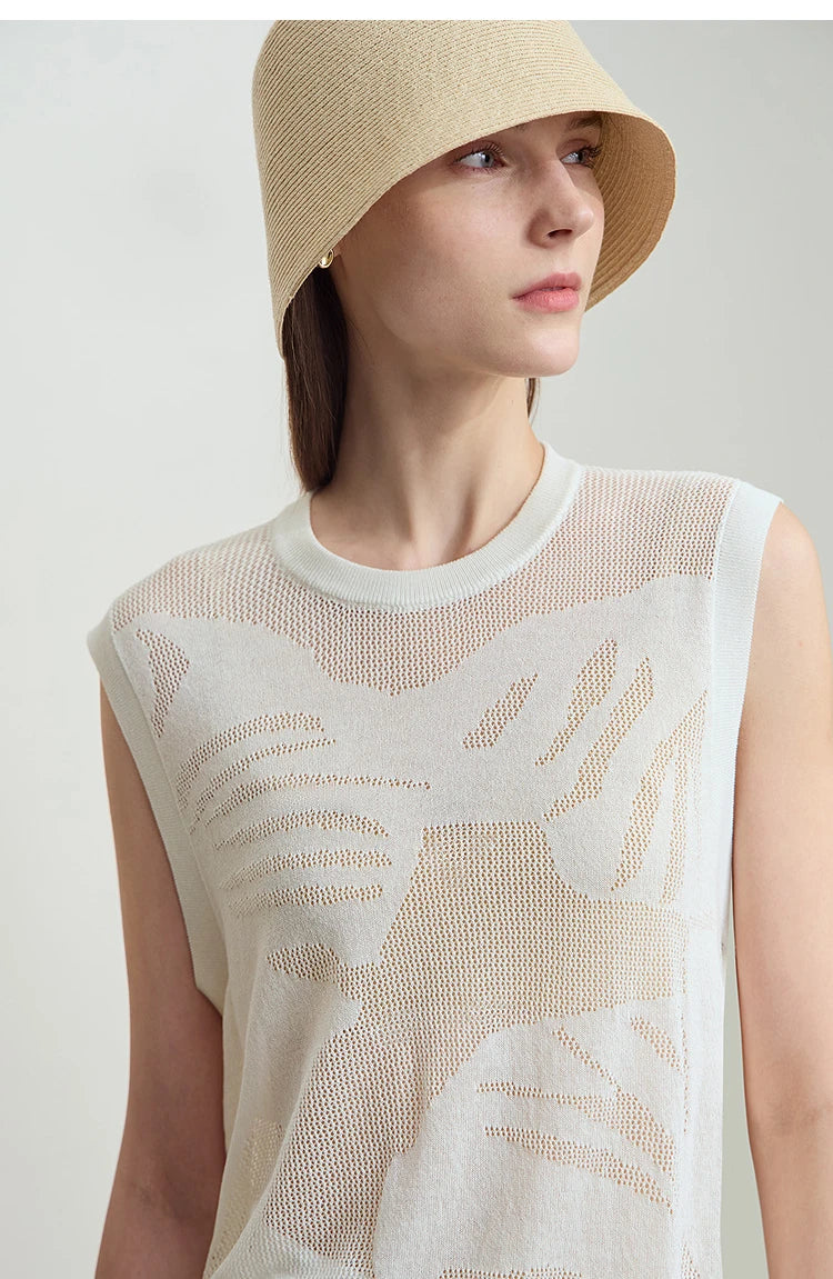 Beiges Strick-Tanktop mit Rundhalsausschnitt und feinem Strukturmuster, ärmellos