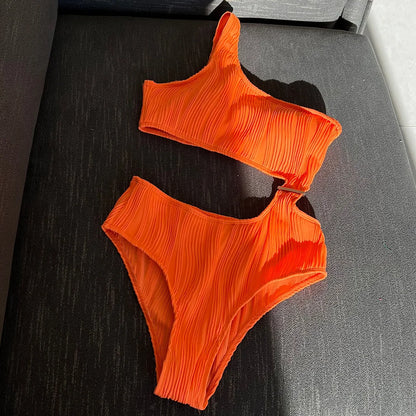 Damen Badeanzug asymmetrisch Cut-Out gerüscht One-Shoulder gepolstert