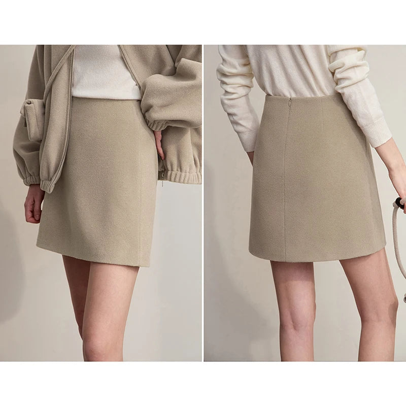 Damenminirock A-Linie, warmes Beige, Nahansicht Bund und glatter Saum