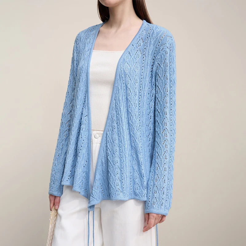 Damen-Strickjacke V-Ausschnitt Wolle Hohlstrick locker Langarm Frühling