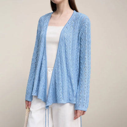 Damen-Strickjacke V-Ausschnitt Wolle Hohlstrick locker Langarm Frühling