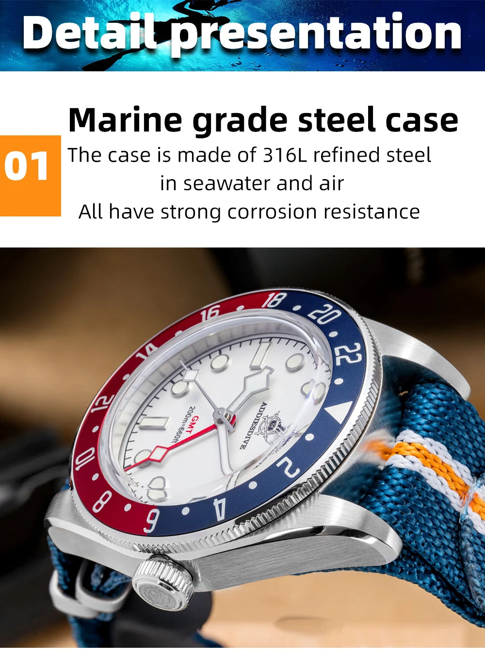 Herren-GMT-Quarzuhr mit Ronda-Werk und Bubble-Glas