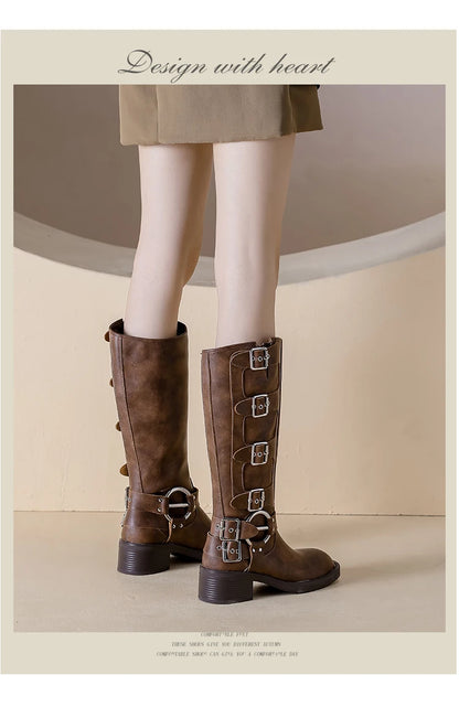 AIYUQI Women Cowboy Boots 2025 Autumn New Belt Buckle Women Marton Boots British Style Large Size 41 42 43 Women Long Boots