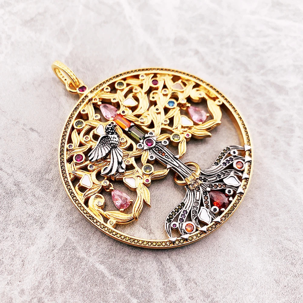 Damen-Charm-Anhänger Baum Rabe Vintage golden aus Sterlingsilber