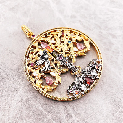 Damen-Charm-Anhänger Baum Rabe Vintage golden aus Sterlingsilber