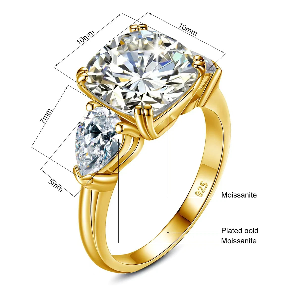 Damen-Ring Moissanit Drei-Stein Kissen-Schliff 5-Karat Zertifiziert Mit Echtheitszertifikat