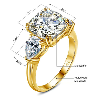 Damen-Ring Moissanit Drei-Stein Kissen-Schliff 5-Karat Zertifiziert Mit Echtheitszertifikat