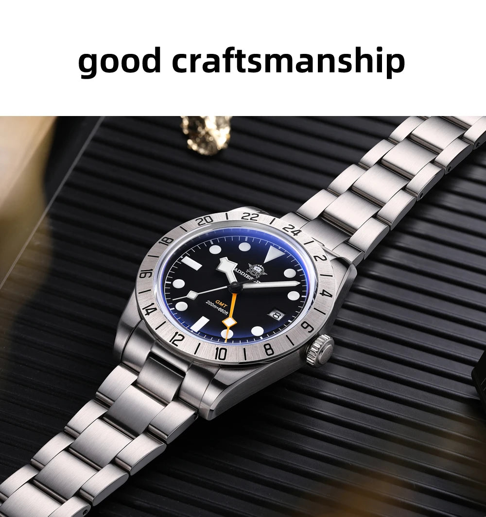 Herren GMT Luxus-Quarzuhr 200m Edelstahl BGW9 Super Leuchtzeiger