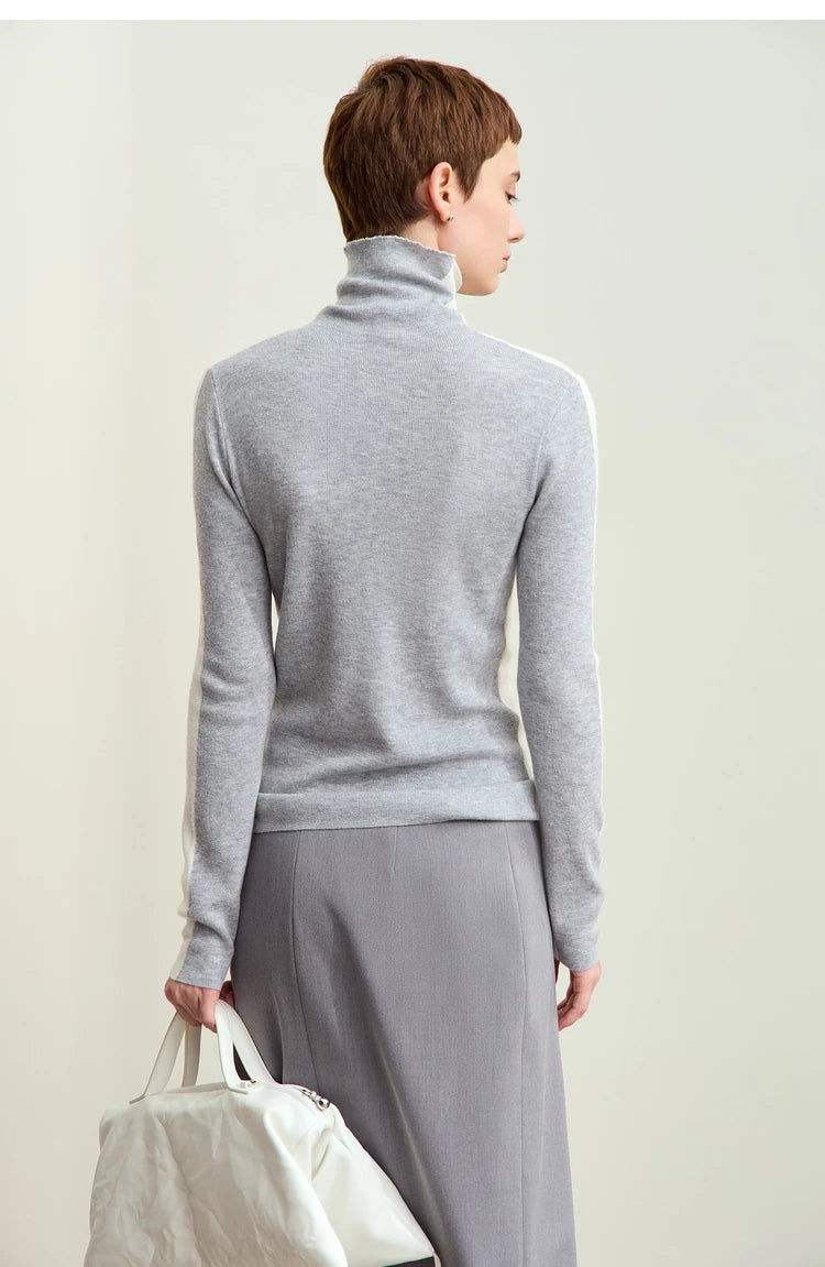 Damen-Rollkragenpullover Wolle-Mix Patchwork schlank Winter