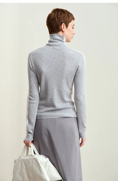 Damen-Rollkragenpullover Wolle-Mix Patchwork schlank Winter