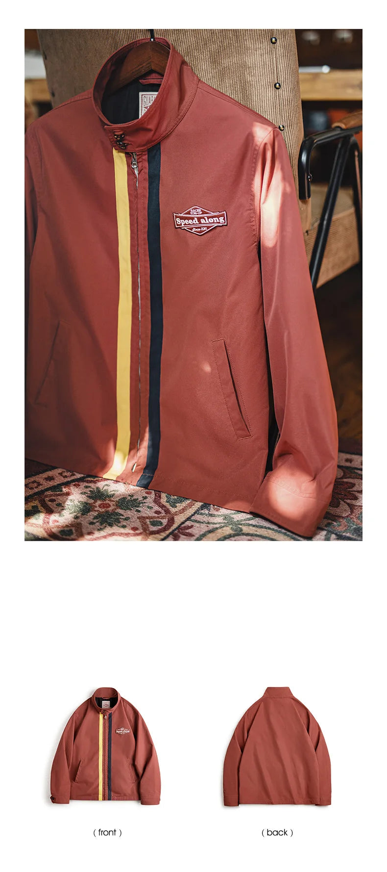 Herren Rennjacke Retro 60er Jahre Stehkragen Reißverschluss Sportlich Lässig