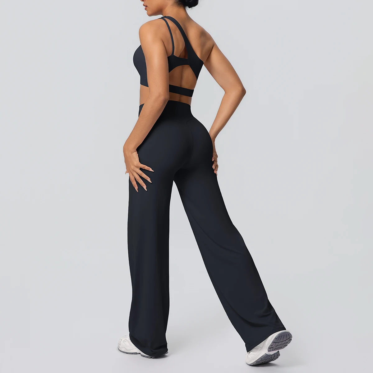 Yoga-Set: einseitiges Top und hohe Hose, fließende Leggings in Dunkel