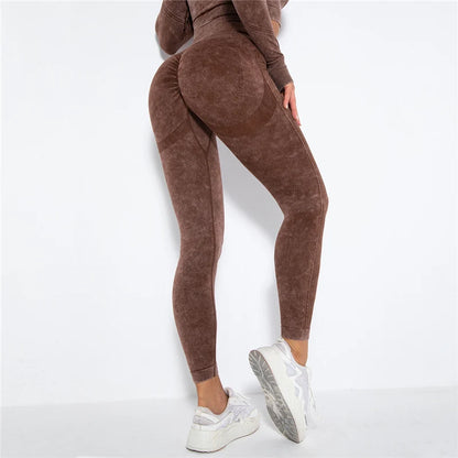 Nahtlose Yoga-Leggings mit hoher Taille, dunkelbraun meliert, körperbetonte Stretch-Passform