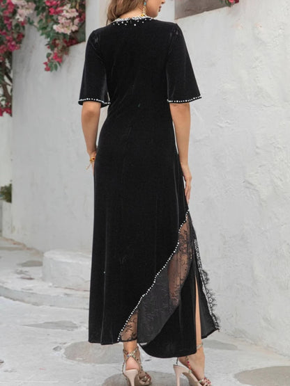 Elegantes Damen-Patchwork-Kleid mit Diamantmuster, Reverskragen und langen Ärmeln – figurbetont und einreihig.