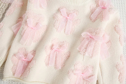 Mädchen Outfit Set mit süßem Bär Bogen Pullover und Mesh Rock