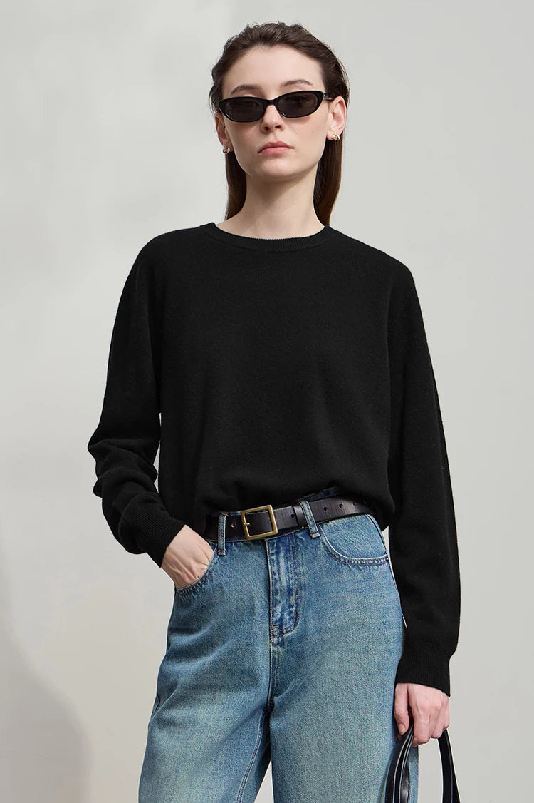 Damenpullover, schwarz, Rundhalsausschnitt, lange Ärmel, lockere Strickoptik