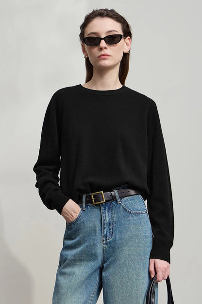 Damenpullover, schwarz, Rundhalsausschnitt, lange Ärmel, lockere Strickoptik