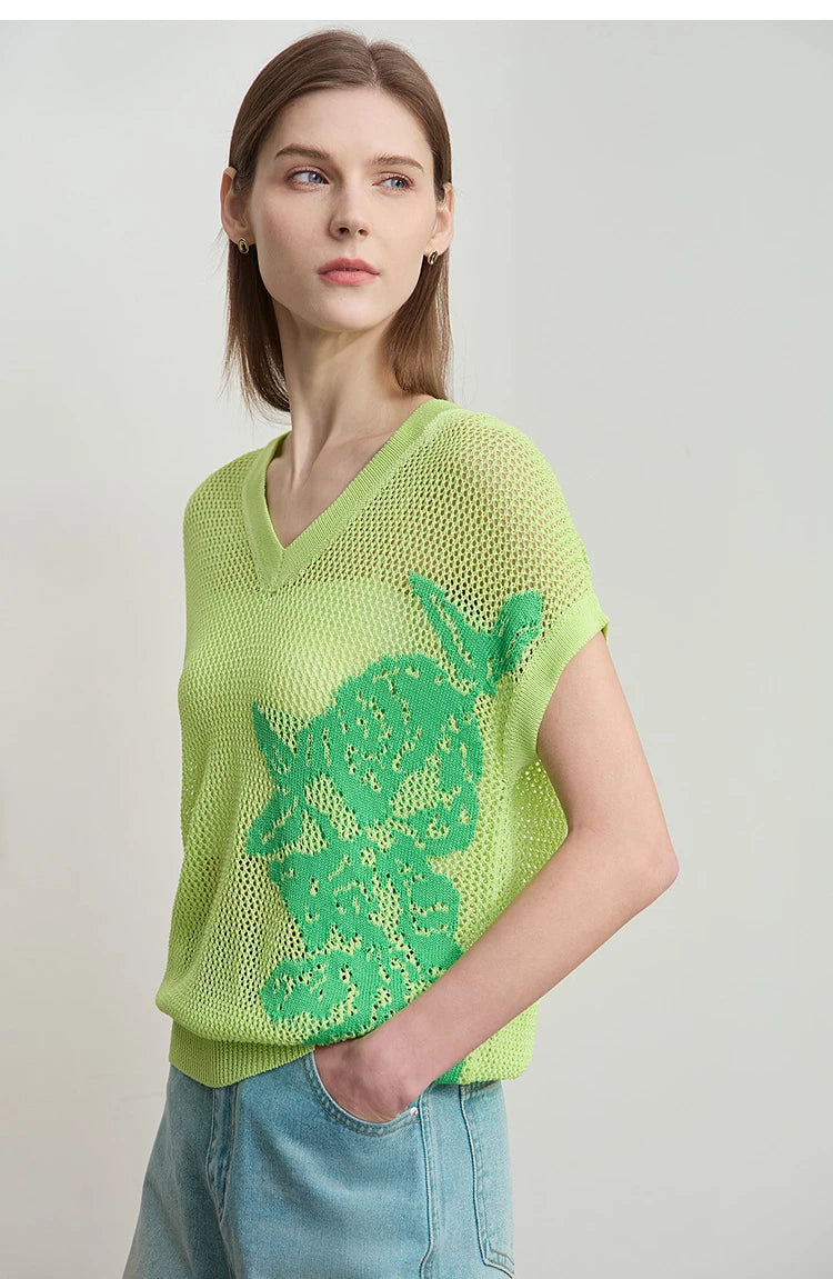 Damen V-Ausschnitt Pullover Viskose Kurzarm Aushöhlung Sommer