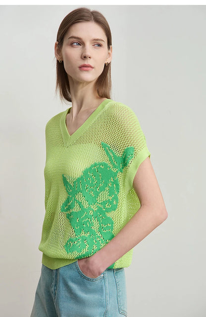 Damen V-Ausschnitt Pullover Viskose Kurzarm Aushöhlung Sommer