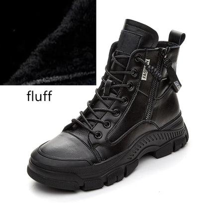 Schwarze Damensneaker-Boots mit Fell-Futter, Schnürung und seitlichem Reißverschluss, Profilsohle