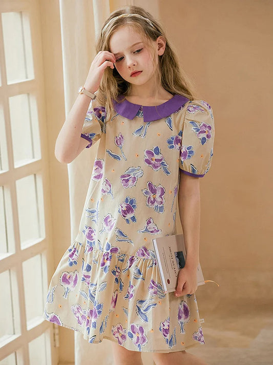 Ärmelloses Sommerkleid aus 100% Baumwolle mit kleinem Blumenmuster für Mädchen – ideal für Strand und Party, Größen 3-14 Jahre