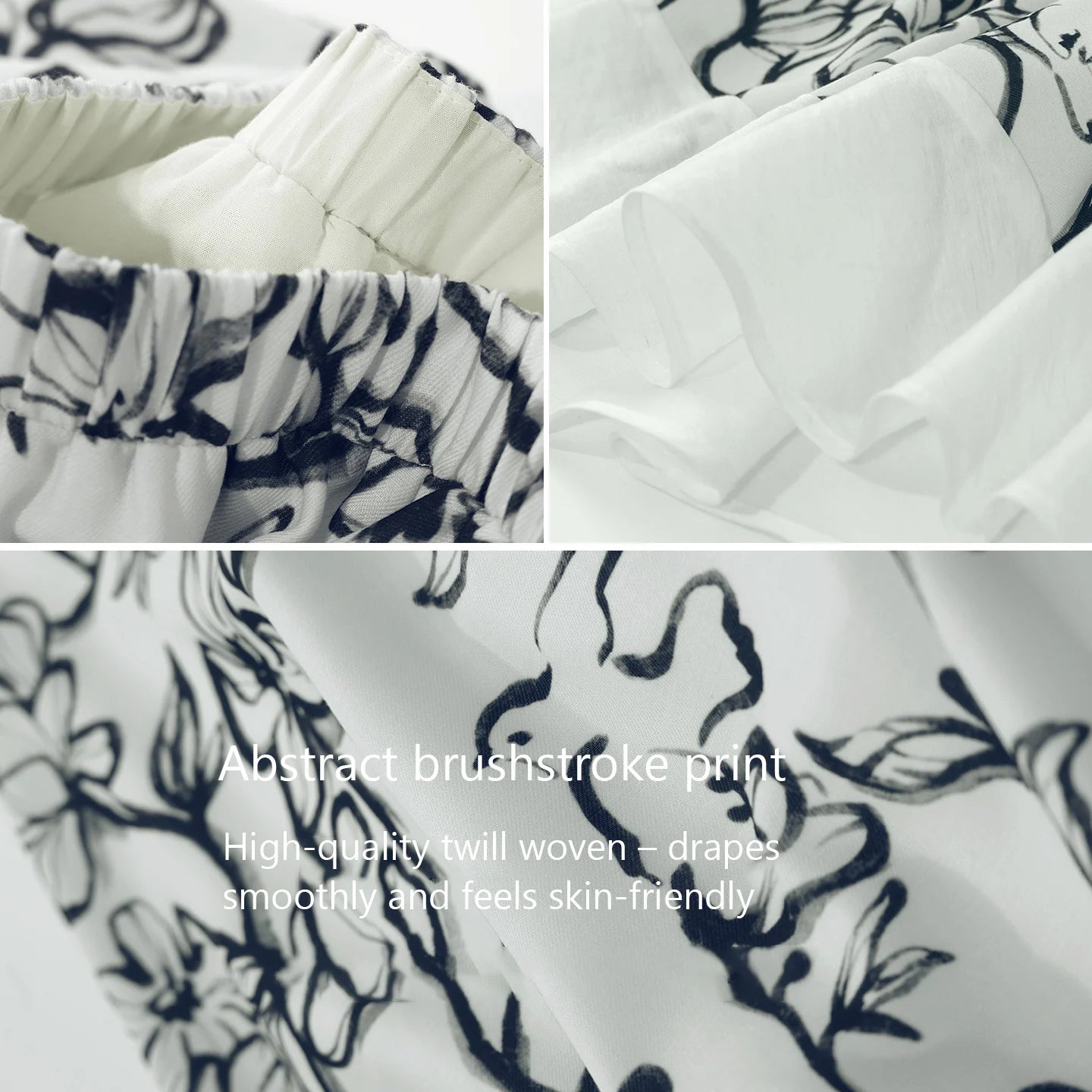 Stoffdetail vom Rock: weiß mit blauem Blumenmuster, elastischer Bund