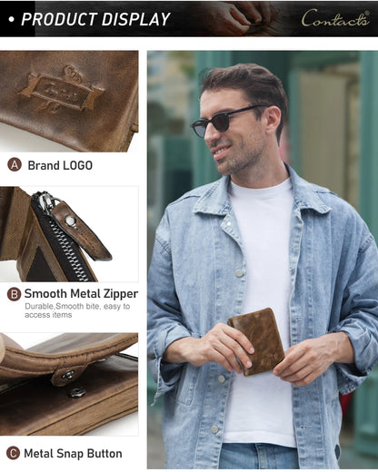 Herren Echtleder Geldbörse Vintage Kartenhalter Fotohalter Münzfach Reißverschluss Geschenk