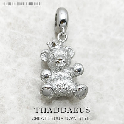 Silberfarbener 925 Sterling-Silber Teddy-Bär Anhänger mit Krone, Vorderansicht