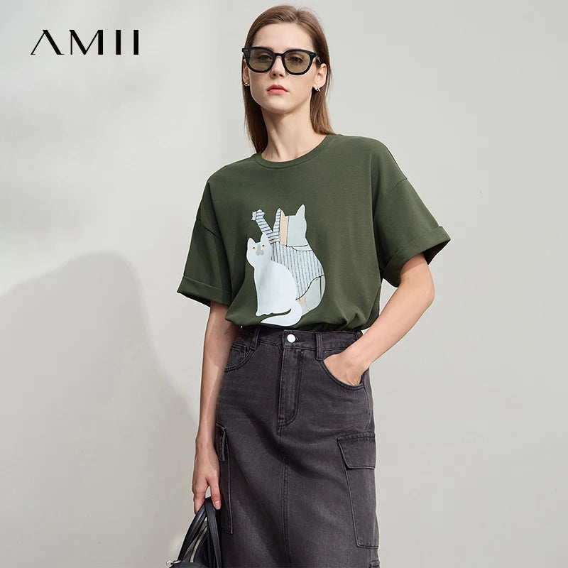Damen Top im minimalistischen Stil mit O-Ausschnitt und bedrucktem Design