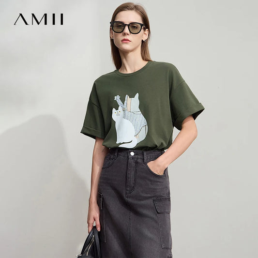 Damen Top im minimalistischen Stil mit O-Ausschnitt und bedrucktem Design