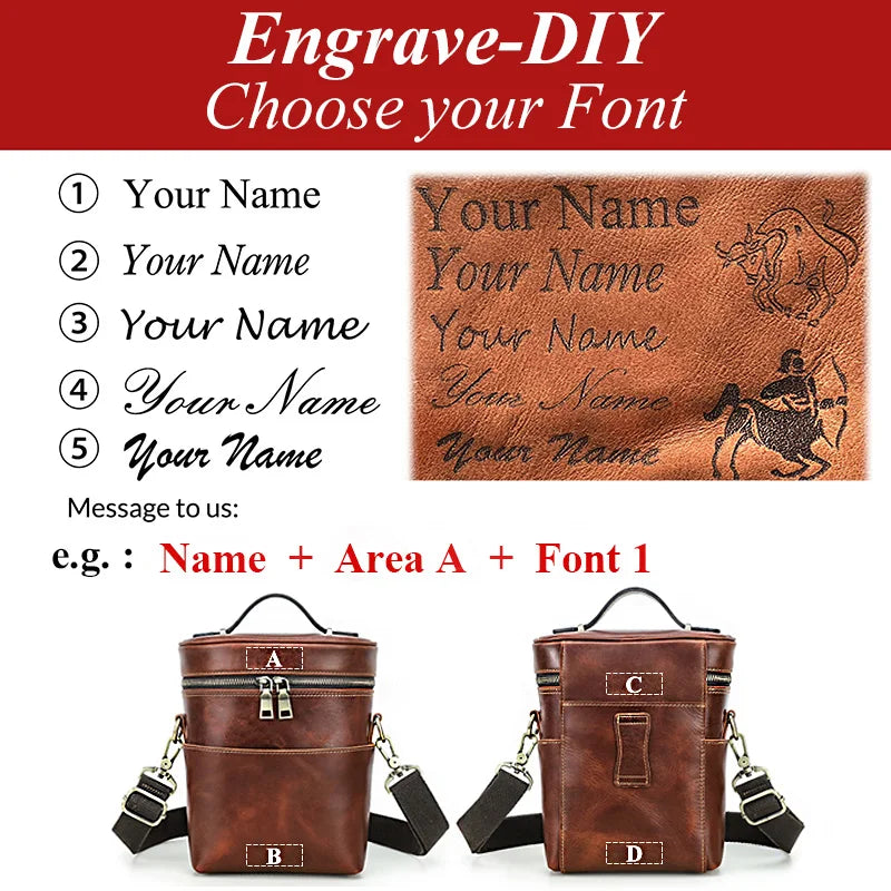 Braune Ledertasche zur Personalisierung per Lasergravur, Vorder- und Rückansicht