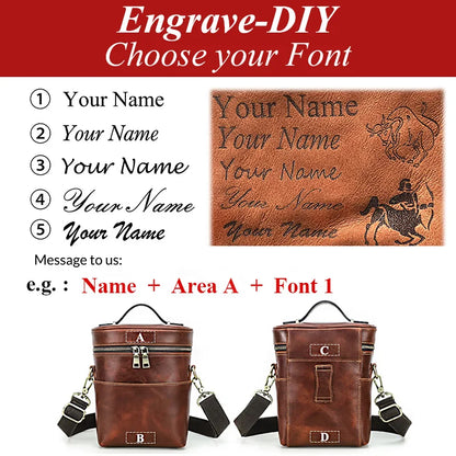 Braune Ledertasche zur Personalisierung per Lasergravur, Vorder- und Rückansicht