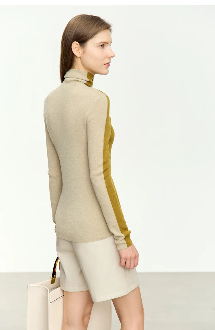 Damen-Rollkragenpullover Wolle-Mix Patchwork schlank Winter