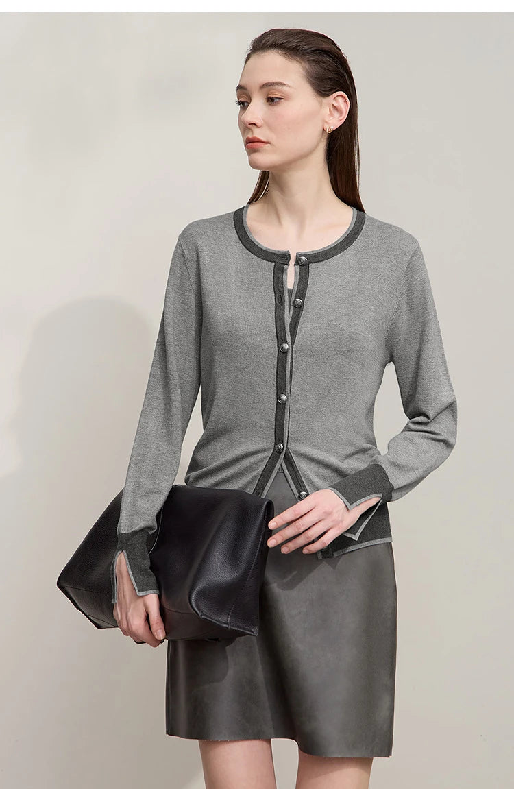 Damen-Strickjacke Rundhals Patchwork gerade elegant vielseitig Herbst
