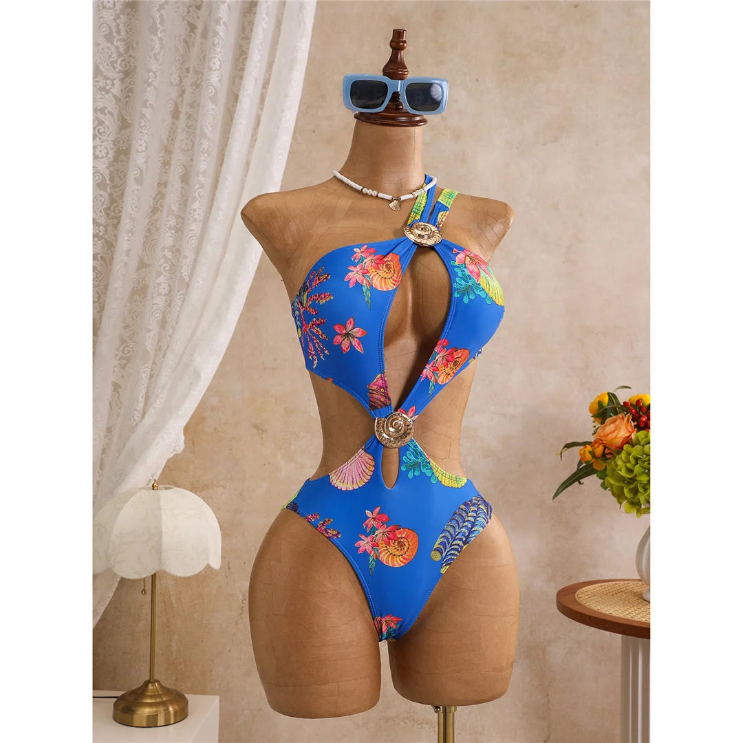 Damen Badeanzug Blumendruck One-Shoulder asymmetrisch Cut-Out Monokini gepolstert