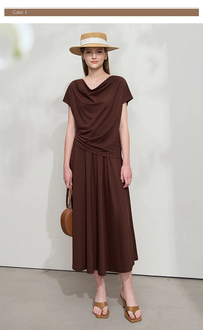 Damen T-Shirt-Rock Set mit solidem Swing-Kragen für den Sommer