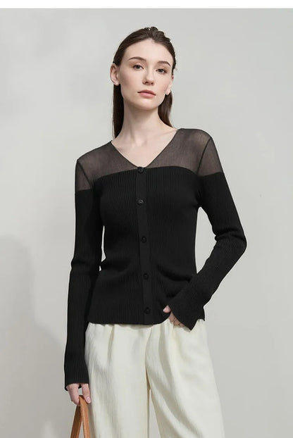 Damen V-Ausschnitt Pullover Viskose Mesh Organza Slim Frühling