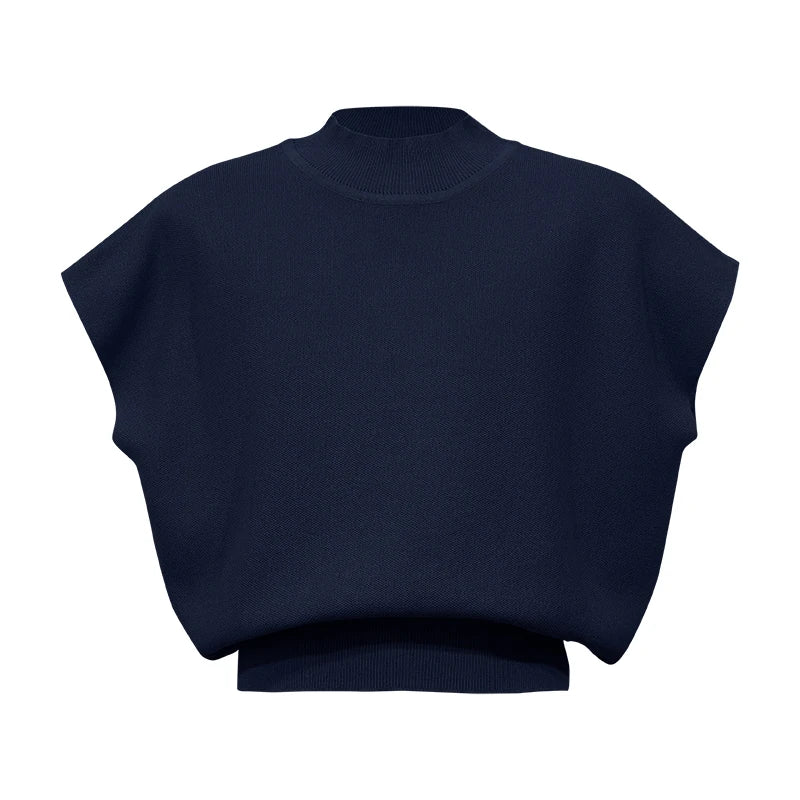 Damen-Strickpullover, dunkelblau, hoher Kragen, kurze Ärmel, flach liegend