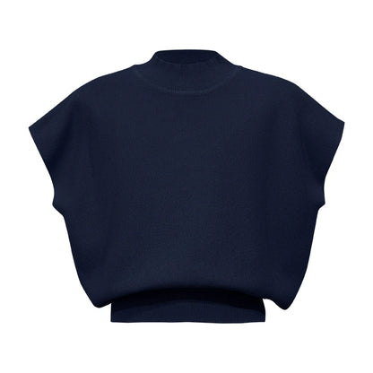 Damen-Strickpullover, dunkelblau, hoher Kragen, kurze Ärmel, flach liegend